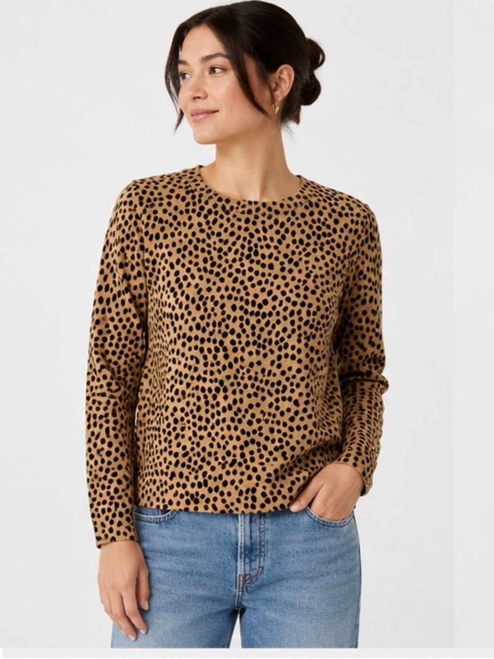 J.Crew Teddie Leopard Print Cotton Sweater XXS Tan Black Crewneck